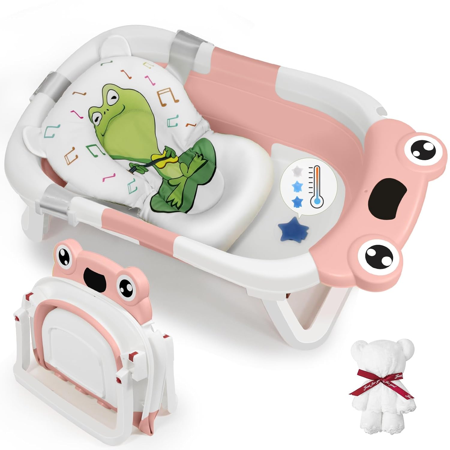 DEANIC Collapsible Baby Bathtub with Baby Washcloth, Portable Infant Bathtub with Soft Baby Bath Support Cushion for 0-3-6-12 Month Newborns, Foldable Baby Bath Tub for Indoor, Travel (Pink)