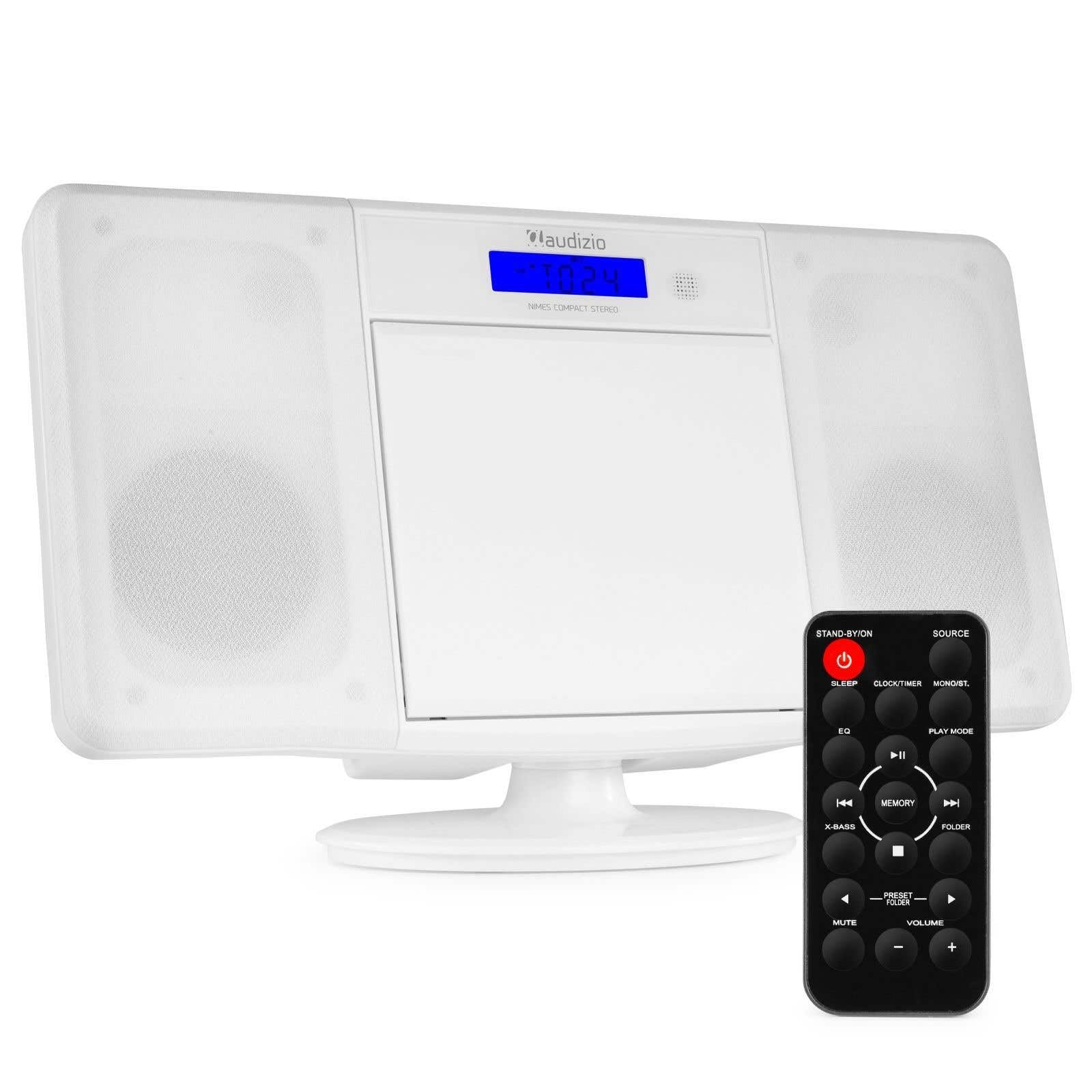 Audizio Nimes Home Sistema estéreo HiFi con Bluetooth, Reproductor de CD, MP3 USB, sintonizador de Radio FM, Incluye Mando a Distancia, X-Bass, Conexion de Auriculares - Blanco