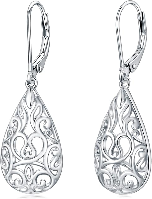 VONALA Filigree Teardrop Earrings Sterling Silver Filigree Turquoise Dangle Earrings Filigree Leverback Earrings for Women Teens Girls Birthday Gift