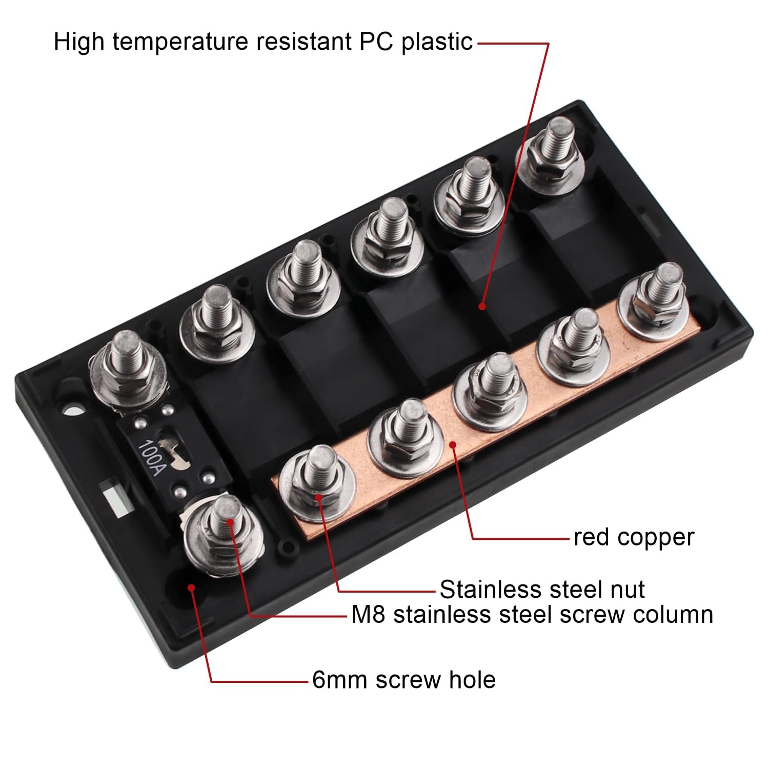 RKURCK 6 Way MEGA/AMG Fuse Holder 100A, Bolt Down M8 5/16" (1 Pack 100A MEGA Fuse), 6way - Image 4