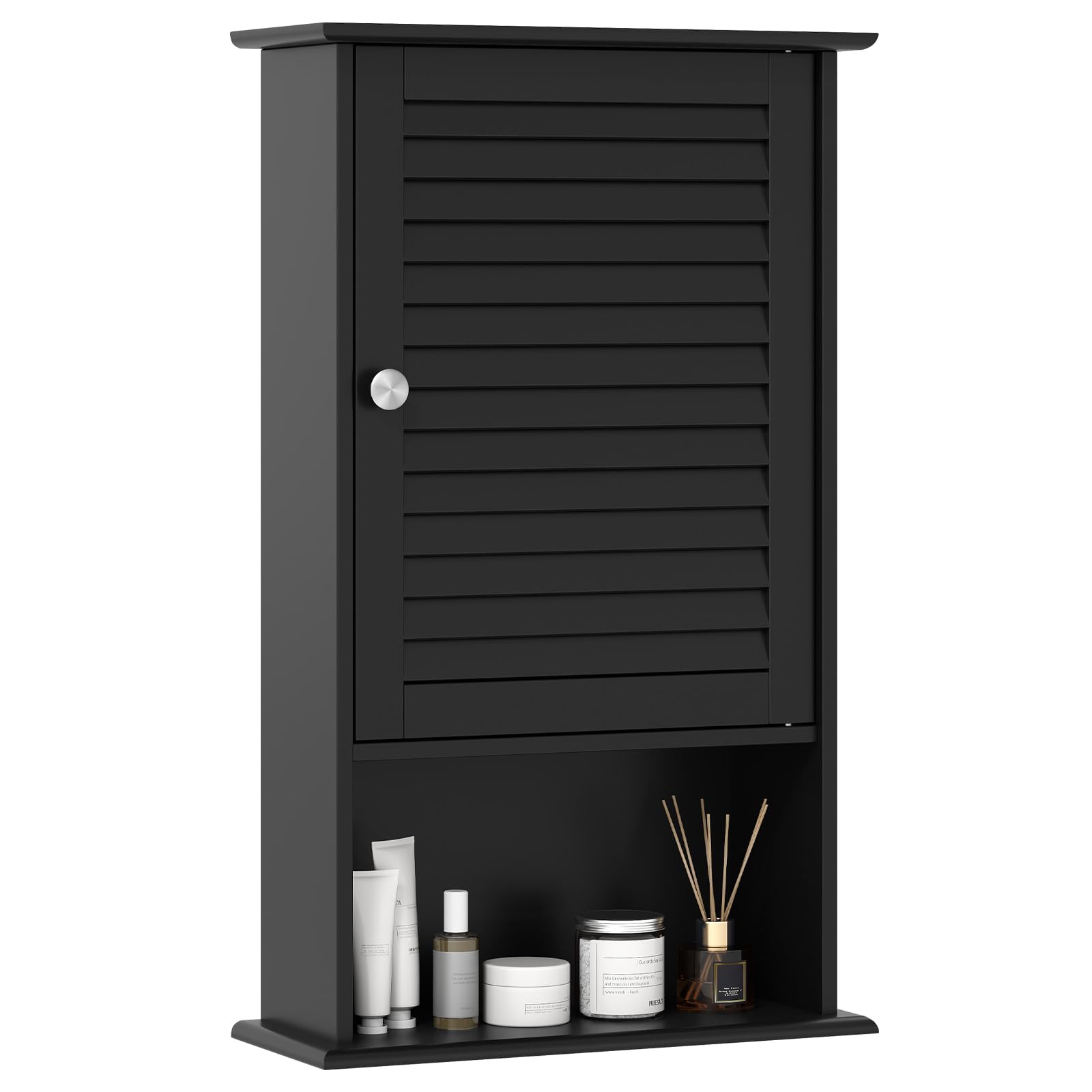 COSTWAY Armario de Baño de Pared con Puerta y 3 Estantes, Armario Colgante, Armario Almacenamiento Toalla Ducha Organizador, 42 x 17 x 70 cm (Negro)