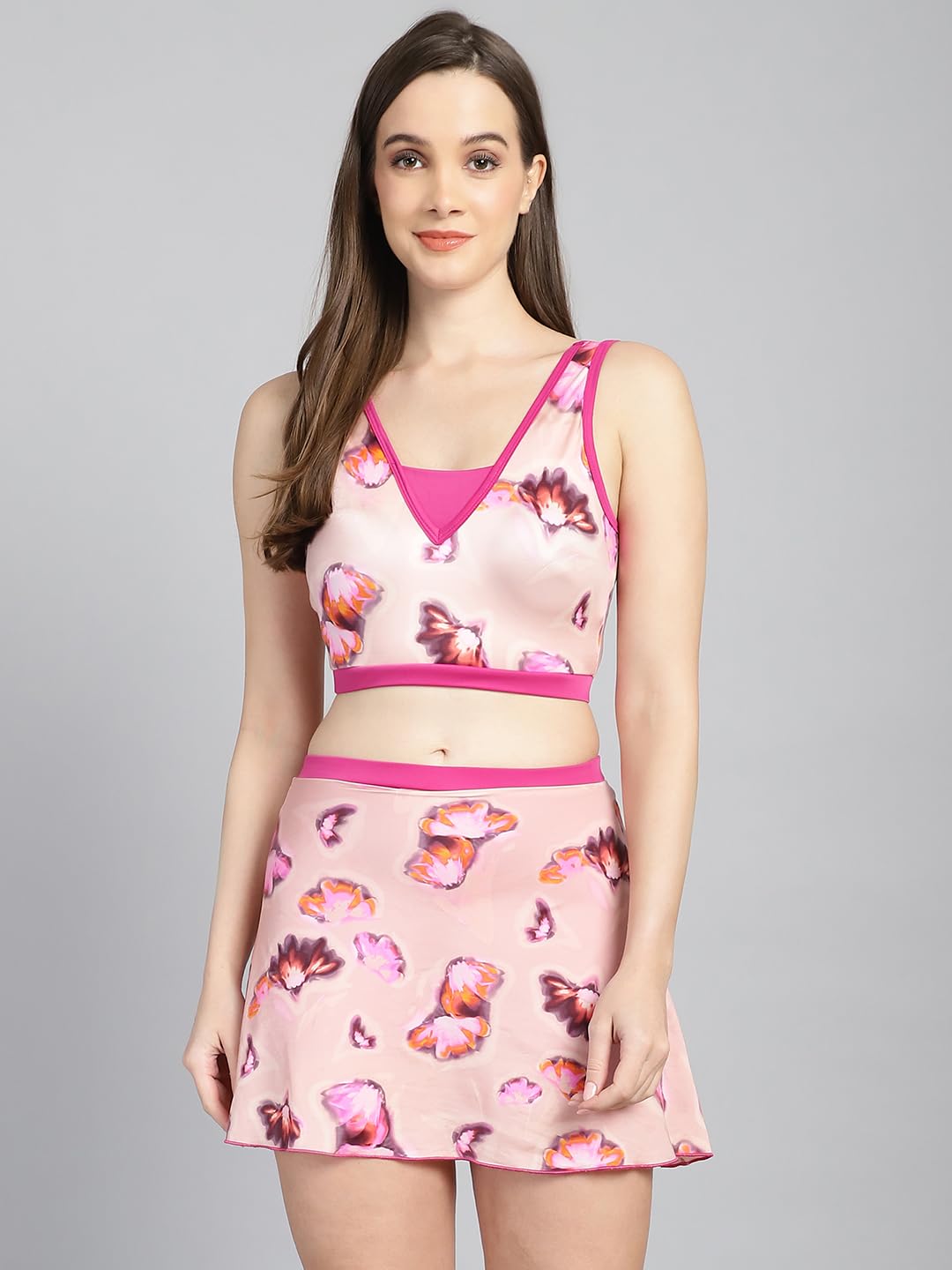 CUKOO Padded Pink Floral Skirtini Swimwear for Women/Girls