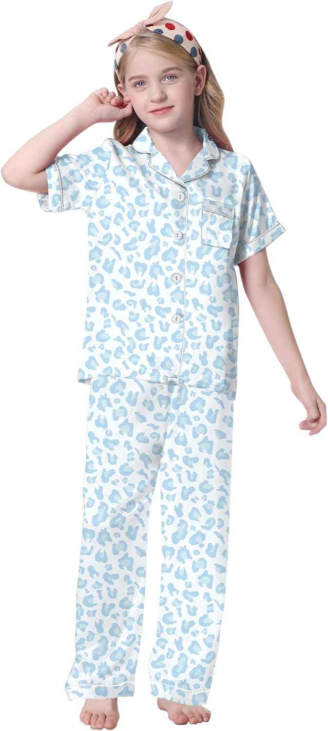 Umeyda Girls Pajamas, Satin Pjs Silk Sleepwear Comfy Family Matching 2Pcs Lightweight Loungewear Gift for Teen Kids, Blue Leopard, 13-14 Years = Tag 170 - Image 2