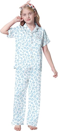 Umeyda Girls Pajamas, Satin Pjs Silk Sleepwear Comfy Family Matching 2Pcs Lightweight Loungewear Gift for Teen Kids, Blue Leopard, 9-10 Years = Tag 140
