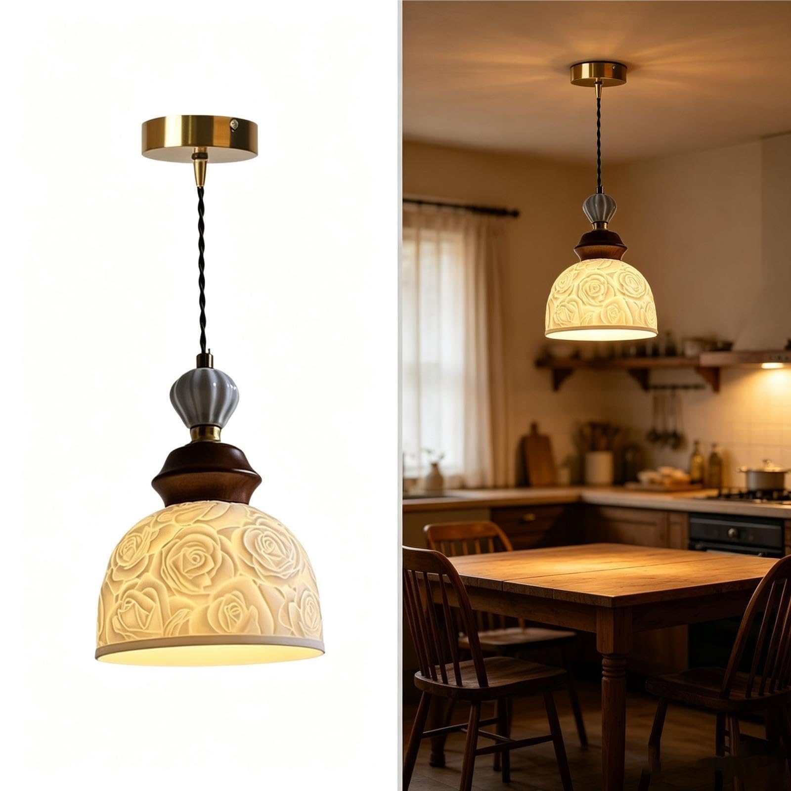 Lampada sospensione vintage, ceramica rosa goffrata, legno e ottone
