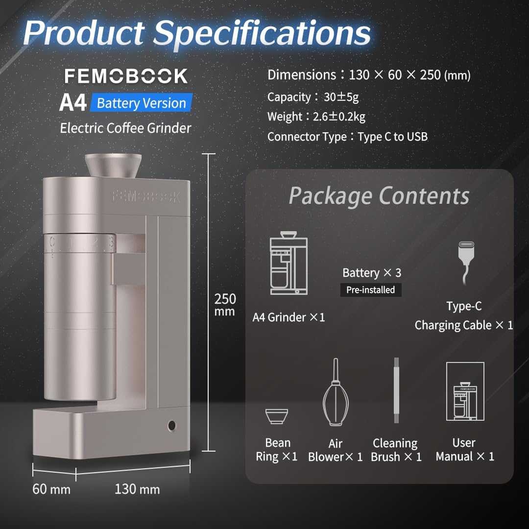 Macinacaffè elettrico A4 oro champagne per espresso, ricaricabile, senza fili, portatile, per esterni, smontaggio senza attrezzi