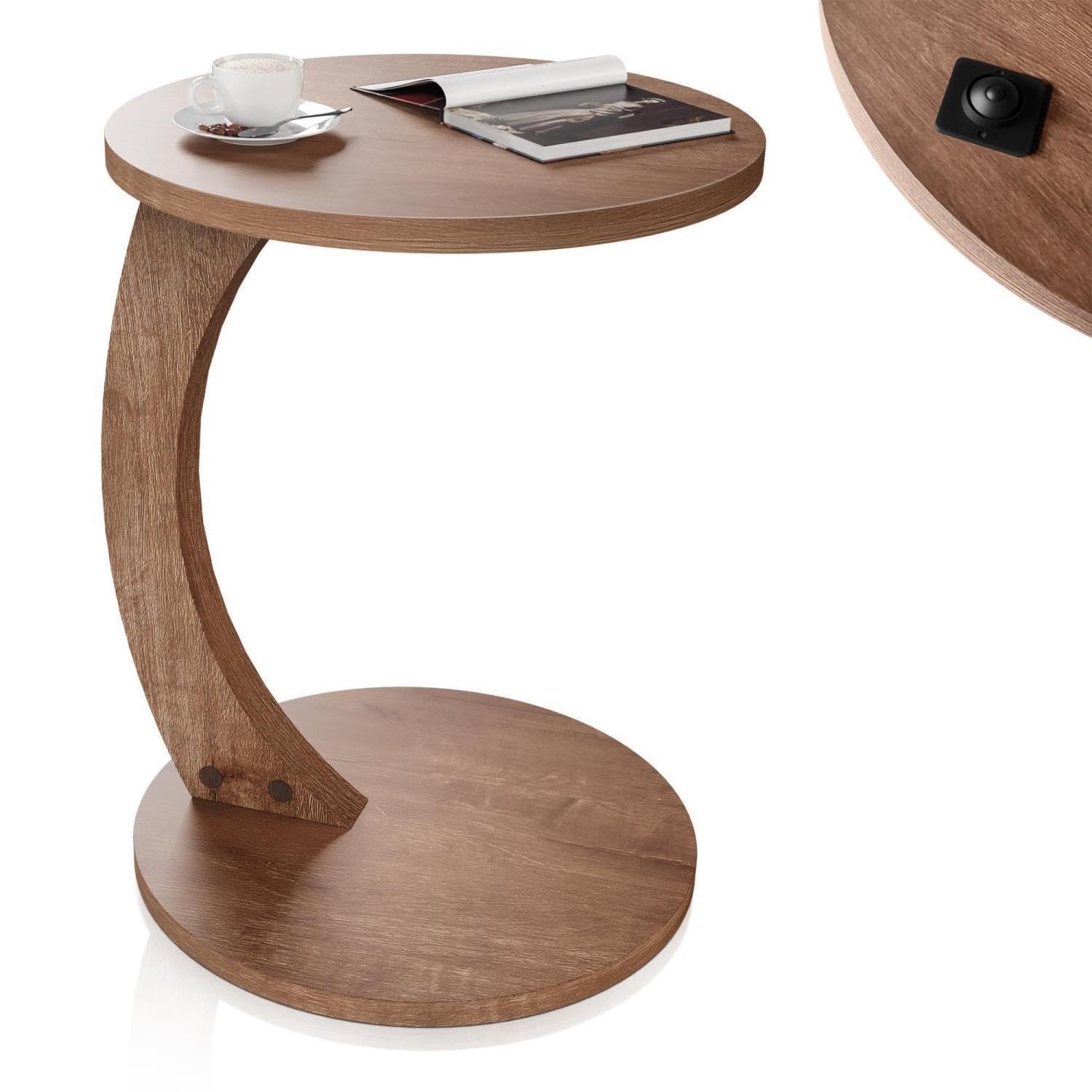 STILISTA® Beistelltisch - C Form, Rund, mit 4 Rollen, Platzsparend, Nussbaum Holz Optik