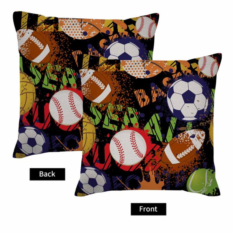 Image of Throw Pillow Covers Sport Pattern with Balls Grunge Design Black Game Pillow Case 18x18 Inch Cushion Cover for Home Party