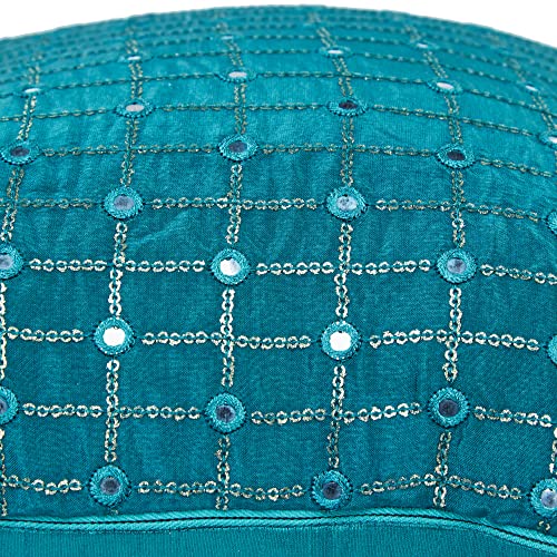 Image of Teal Decorative Cushion Covers 20x20 inches Set of 2, Silk Embroidered Pillow Covers, Turquoise Throw Pillows