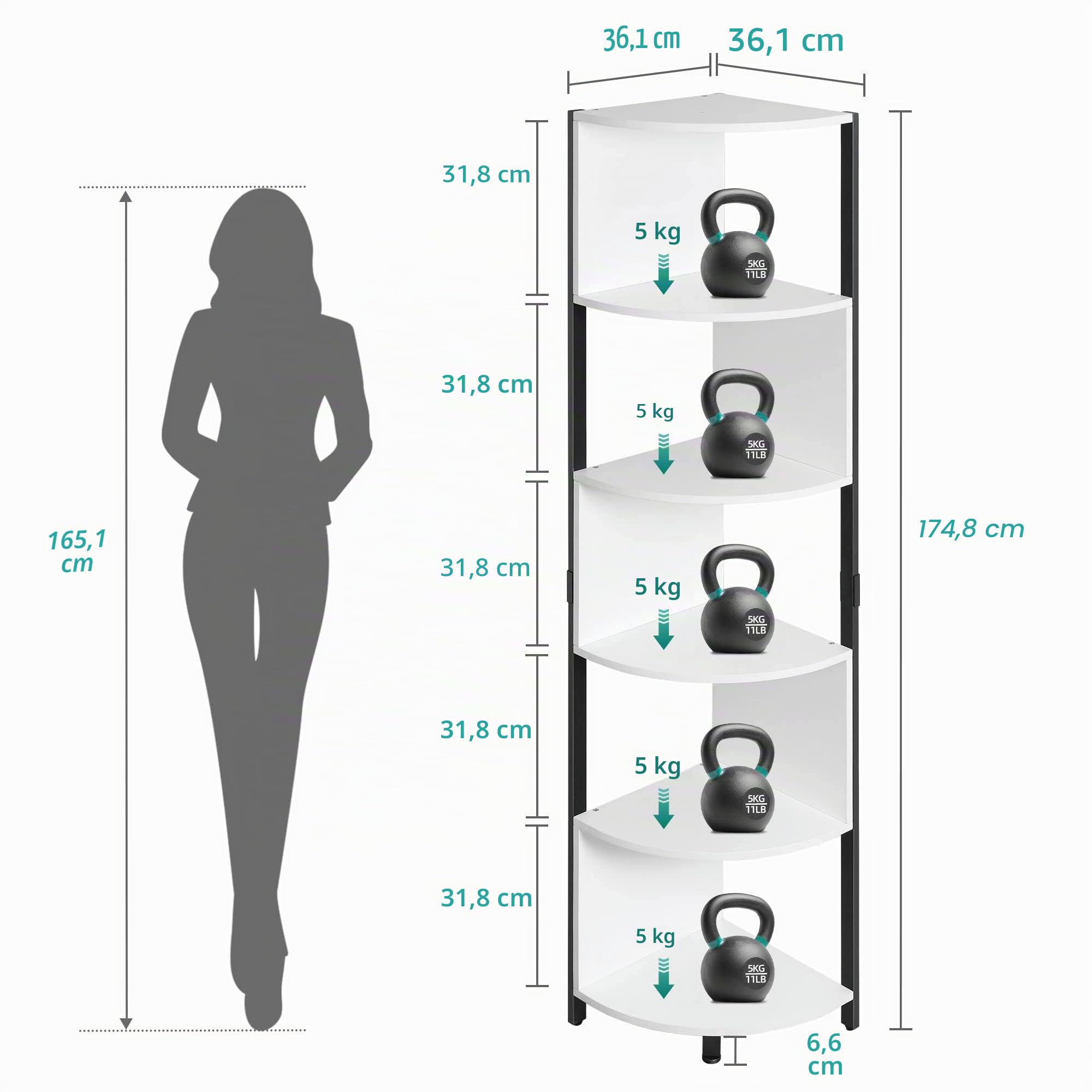 YITAHOME Scaffale angolare a 6 ripiani, alto 174,8 cm, moderno a zigzag, libreria ad angolo con 6 ripiani, per soggiorno, casa, ufficio, piccolo spazio, bianco