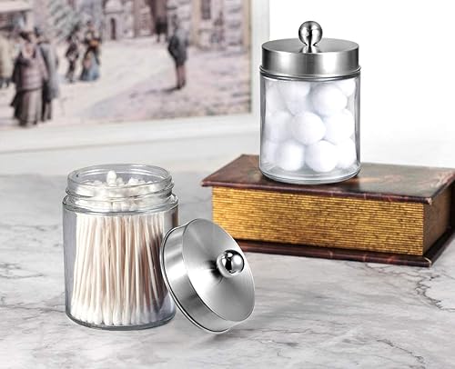 Miniatura 6 de Paquete de 4 tarros de boticario para baño, contenedor de encimera con tapas y calcomanías de acero inoxidable, soporte dispensador Qtip para Qtip,