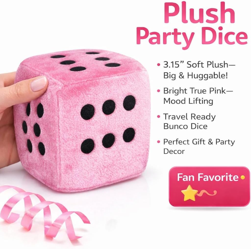 Large Pink Plush Dice for Bunco or Casino Party Decorations - 3.15" Square Pink Plush Dice with Black Dots. Bunco Party Supplies
