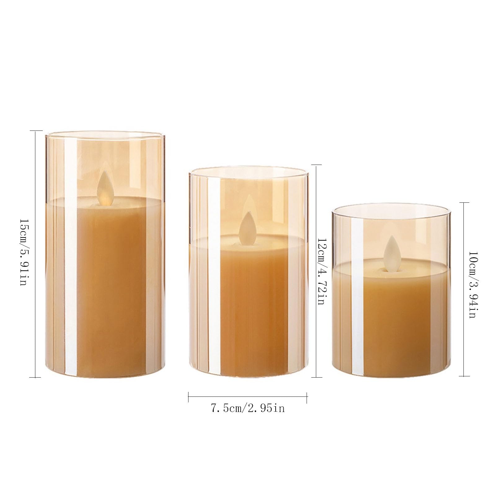 Candela senza fiamma in vetro ricaricabile con timer, telecomando, candela a colonna a LED, paraffina pura, set da 3 (Color : Amber)