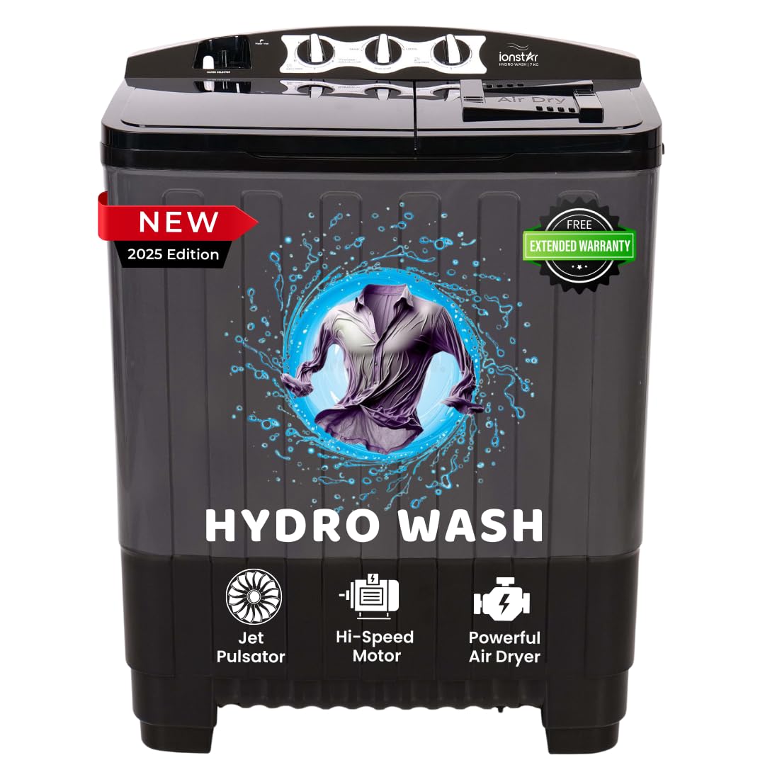 Ionstar 7 Kg Semi Automatic Washing Machine - 5 Star Rated - 2025 - Top Load - Jet Pulsator - Magic Filter - Special Air Dryer - Buzzer - Wheels - Powerful Copper Motor - 1500 RPM (STAR70-AQUA-G)