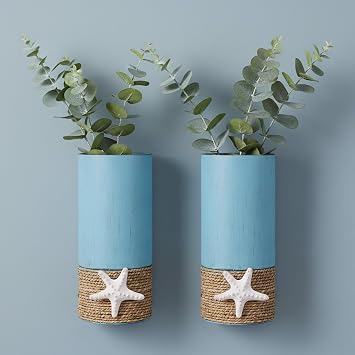 2 Pack Blue Metal Wall Vase,Coastal Wall Vase for FlowersNo Artificial Flowers Included, Ocean Decor Hanging Vases,Coastal Ocean Home Decor for Living Room,Entrance,Hallway,Bedroom Blue Wall vases
