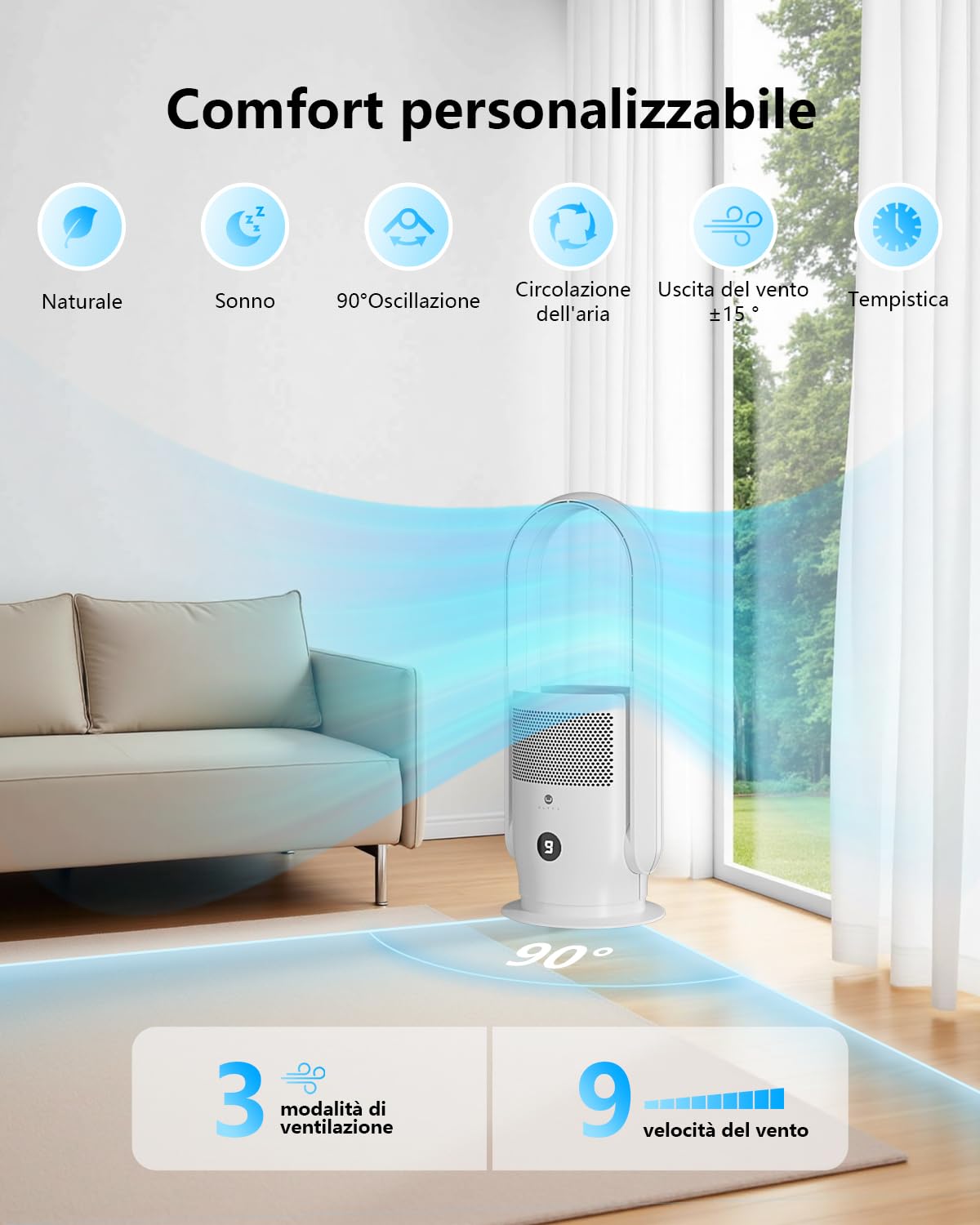 Ventilatore Senza Pale, ULTTY Silenzioso Ventilatore con Purificatore d'Aria con Telecomando, Timer, Alto 60 cm, Oscillazione per Camera da Letto, Ufficio a Casa, CR021 Bianco