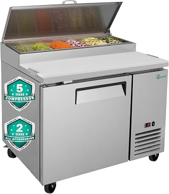 COOLCHEF 44" W Commercial Sandwich Salad Pizza Prep Table Refrigerator, 12.8 Cu.Ft 1-Door Stainless Steel Counter Fridge with 61/3 Pans, Digital Temp Control, Auto Defrost, R290 Cooling