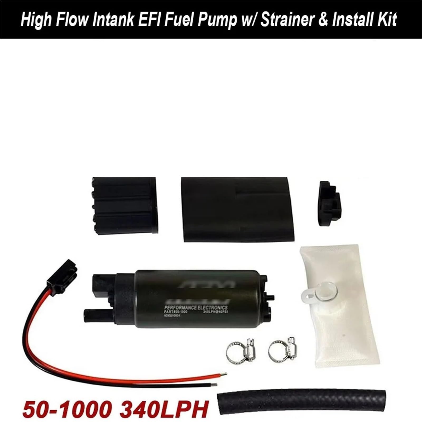Universal Para Gasolina Bomba de combustible EFI alto flujo para tanque AEM 50-1000 340 LPH con filtro y kit instalación. Compatible Walbro GSS342 50-1210(Black Decal)