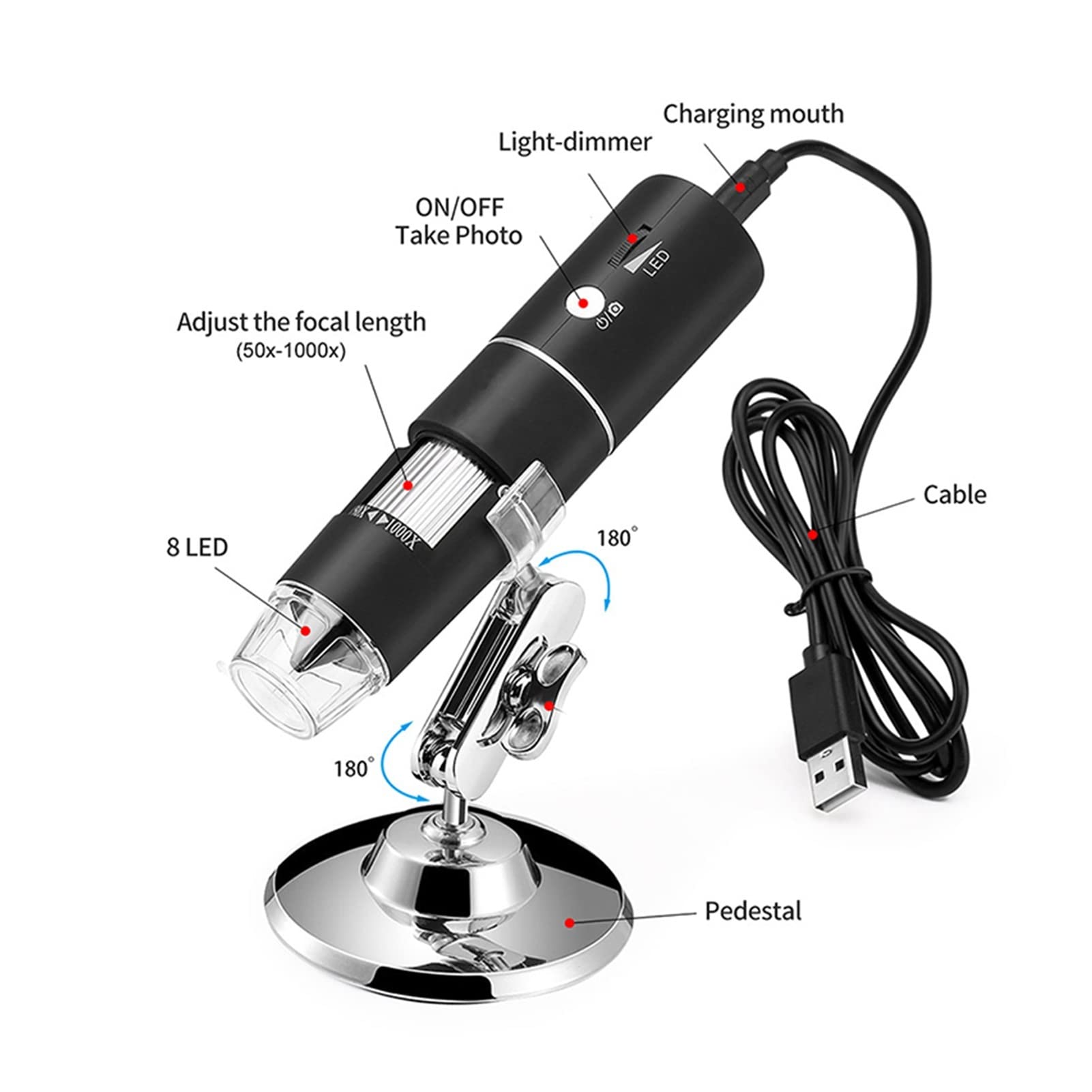 Mikroskop, 1000x WiFi Hand-Zoom-Vergrößerungs-Endoskop-Kamera 108 0p FHD 2.0 MP 8 LED Mikroskop mit Stand for Telefontablette(Noir)