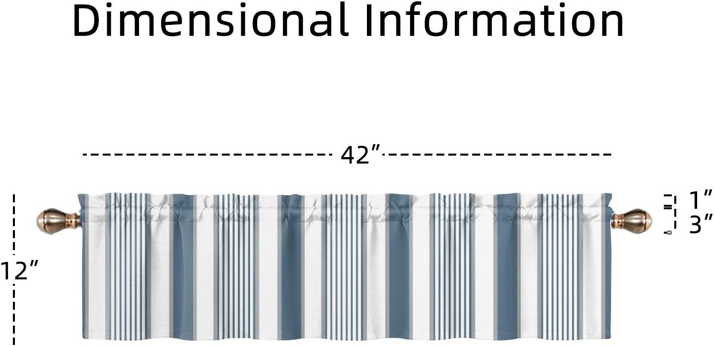 Striped Valances for Windows, Blue White Grey Stripes Kitchen Valance for Bedroom Living Room Bathroom Geometric Small Window Treatments 2Panels 42x12inches