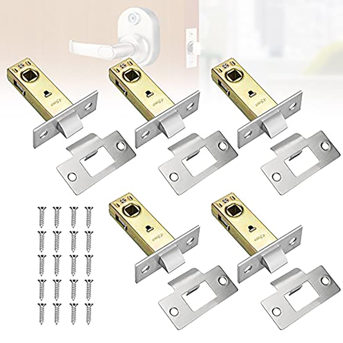 TOP-VIGOR 5Pcs 45mm Tubular Mortice Latch, Flat Tongue Lock with Door Stopper and Screws