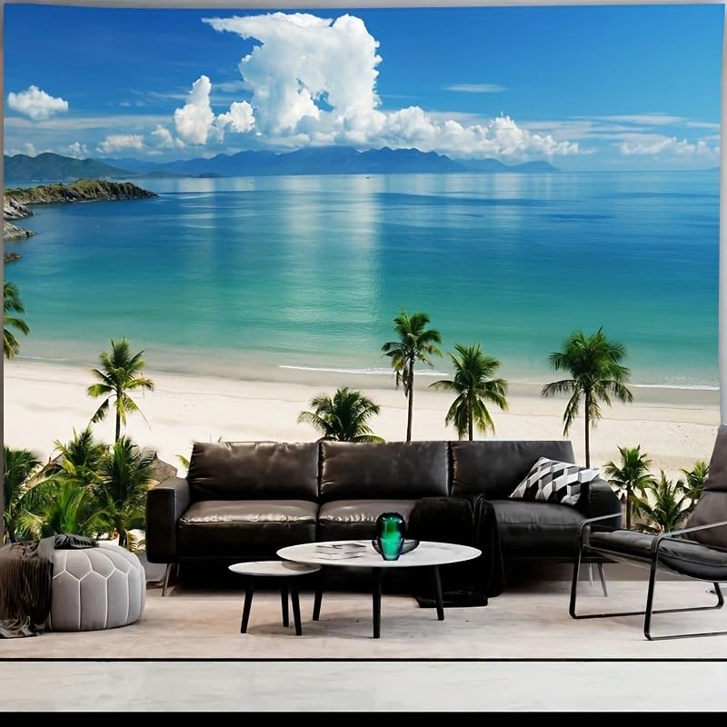FENDROM Tropical Beach Tapestry with Palm Trees & Ocean View Serene Island White Cloud Wall Hanging for Living Room Bedroom or Coastal Home Decor