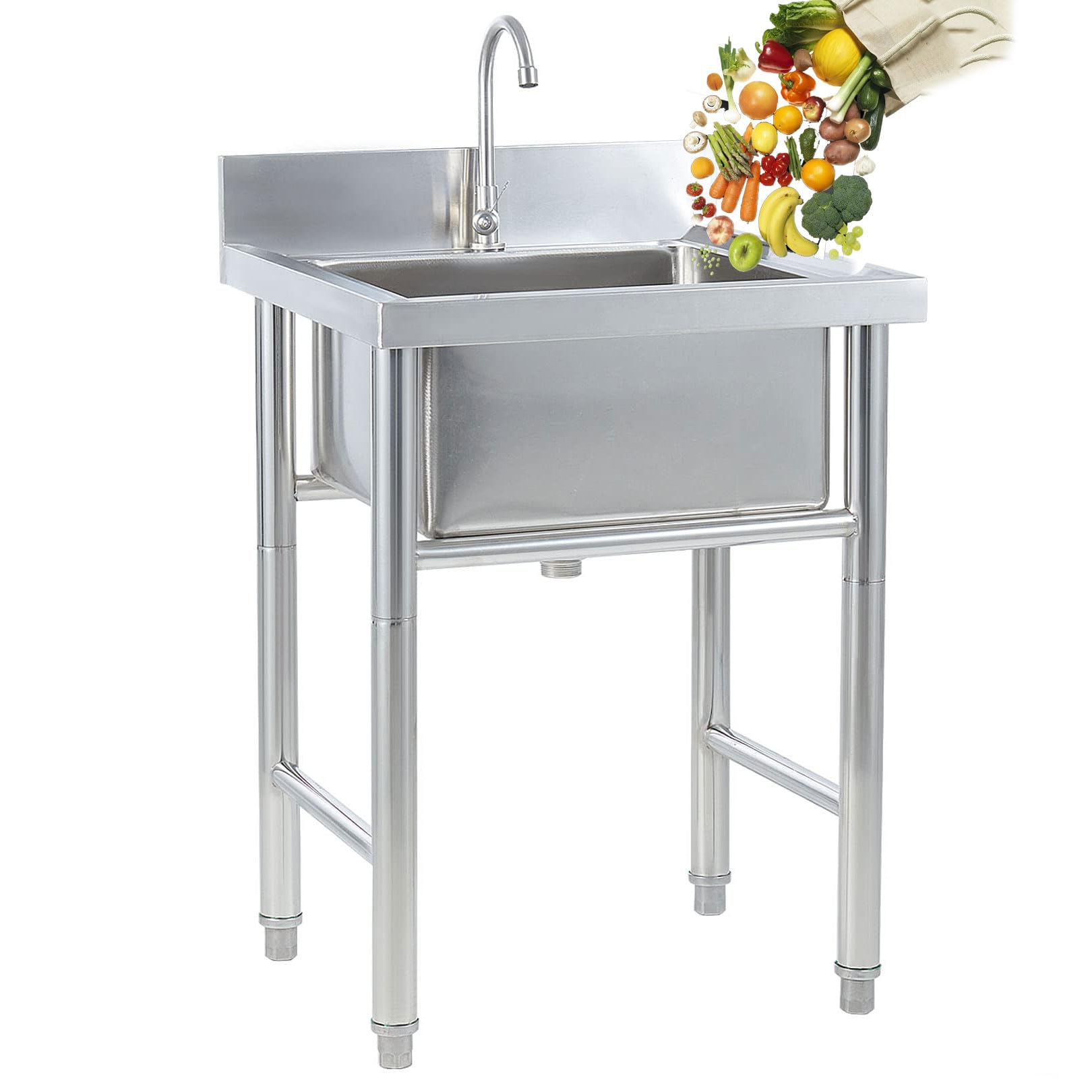 Lavello Multiuso in Acciaio Inox, autoportante, per Garage, Negozi, cucine, Esterni, a Vasca Singola, Stazione di Lavaggio con Rubinetto per Acqua Fredda, Angolo Cottura, lavanderi