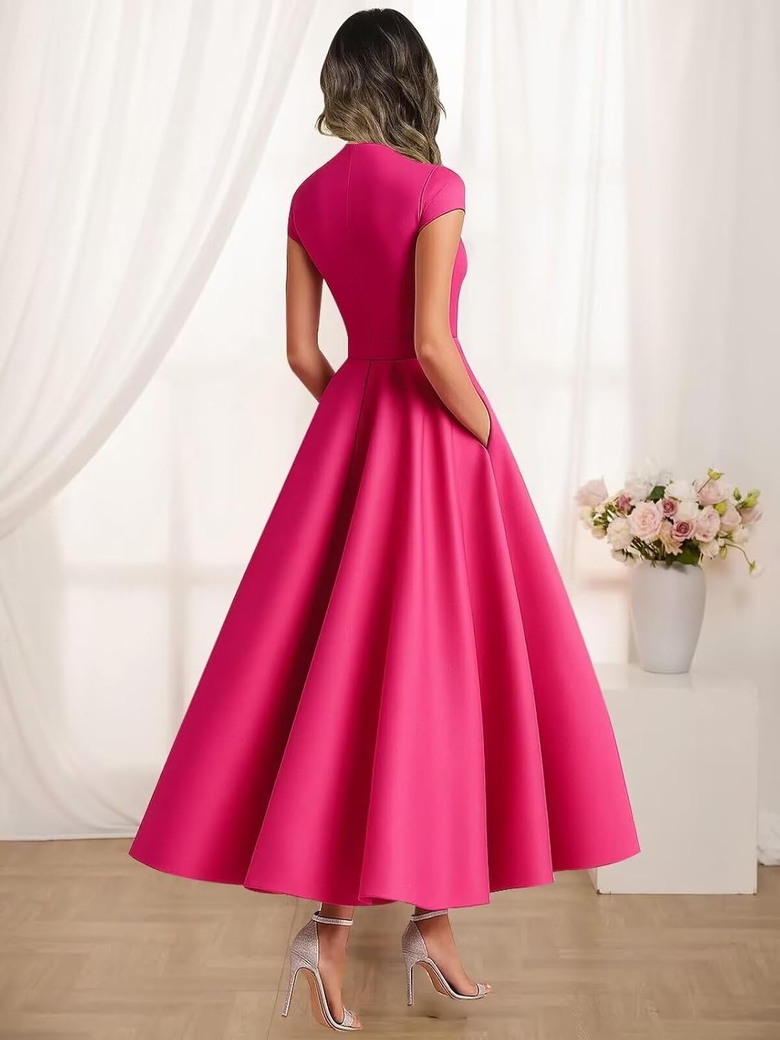 Tea Length Satin Mother of The Bride Dresses for Women A Line V Neck Cap Sleeves Formal Evening Dress
