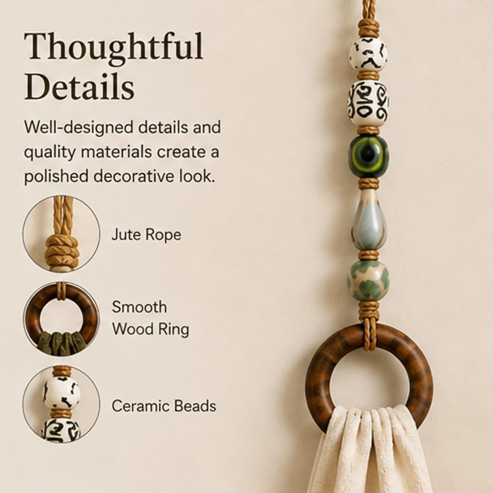 Porta-asciugamani decorativo con perline e anello in legno,stile boho (mix)