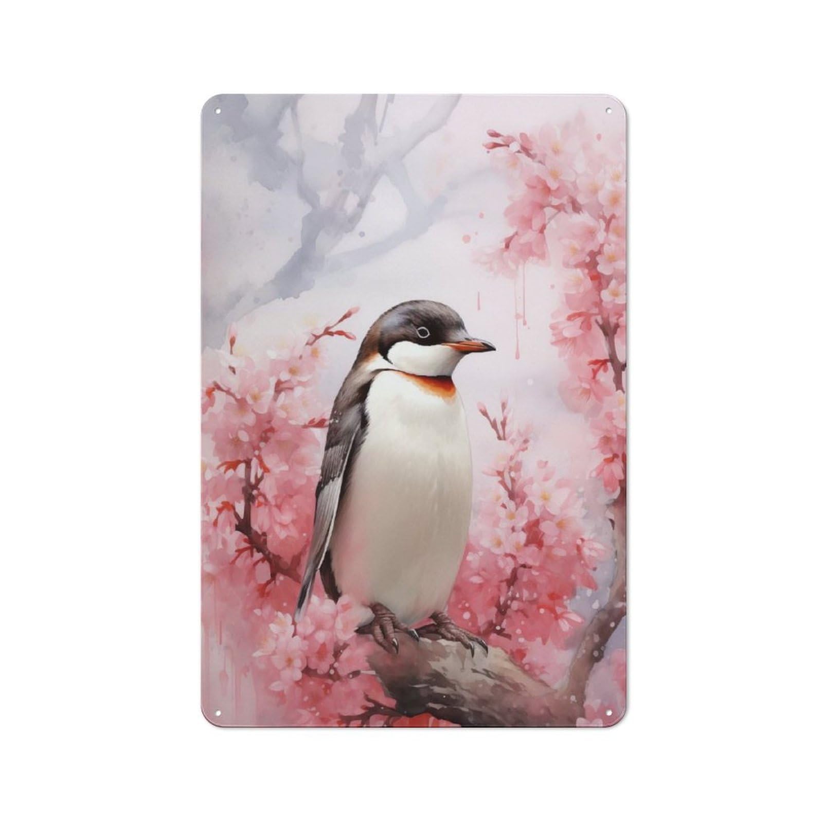 Junmoney Style-10 Cherry Blossom Penguin Tin Sign 30X20cm, Creative Studio Wall Plaque For Hobby Room, Office, Lounge Or Living Room