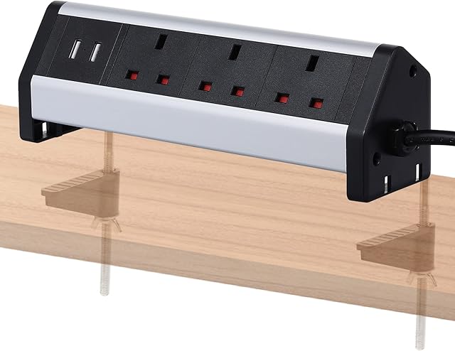 Hanstore Desk Power Socket with 2 USB, 3 UK Plug and Mount Clamp, Desktop Clamp for Office Kitchen Worktop, 1.9 M Extension Cable