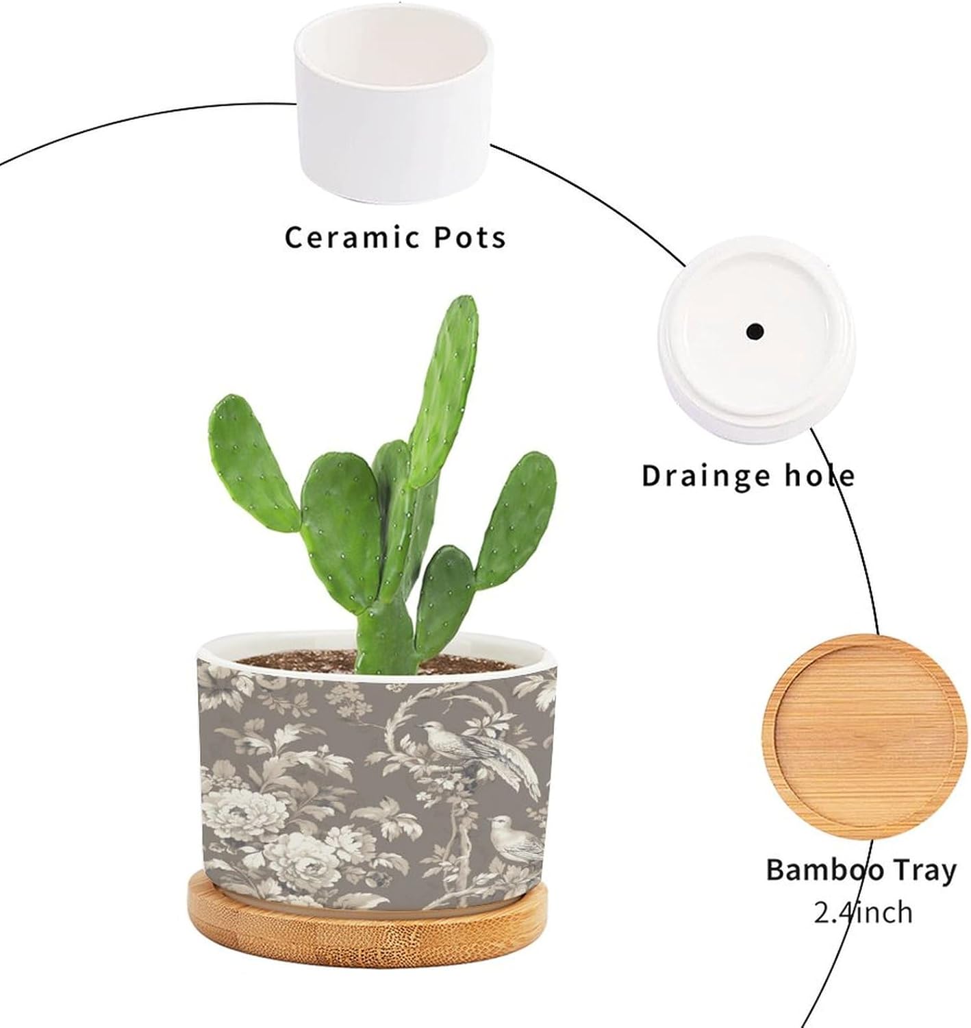 Tan French Country Toile Floral Planter Ceramic Grey White Bird Round Plant Pots with Drainage Holes and Bamboo Tray Pot for Home Office Desk Garden