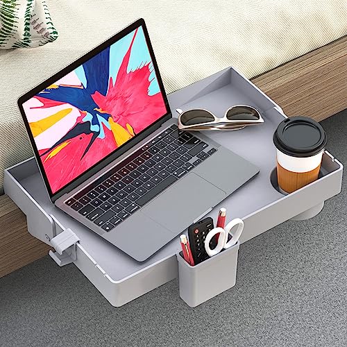 SOLEJAZZ Bedside Shelf for Bed, Folding Bunk Bed Shelf for Top Bunk Clip On Nightstand College Dorm Room Essential Table Caddy Bedside Night Stand Shelf with Hooks, Cup & Cord Holder, Plus Size, Grey