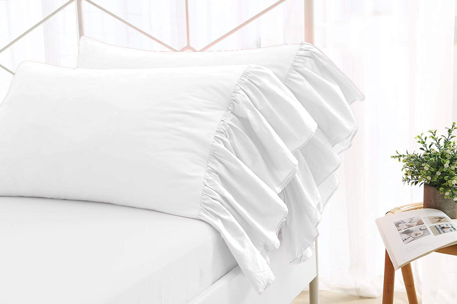 Epic Cotton Set of 2 Pillow Cases Shams Covers with Long Ruffles Mermaid Fishtail 100% Egyptian Cotton 800 Thread Count (King Size, White)