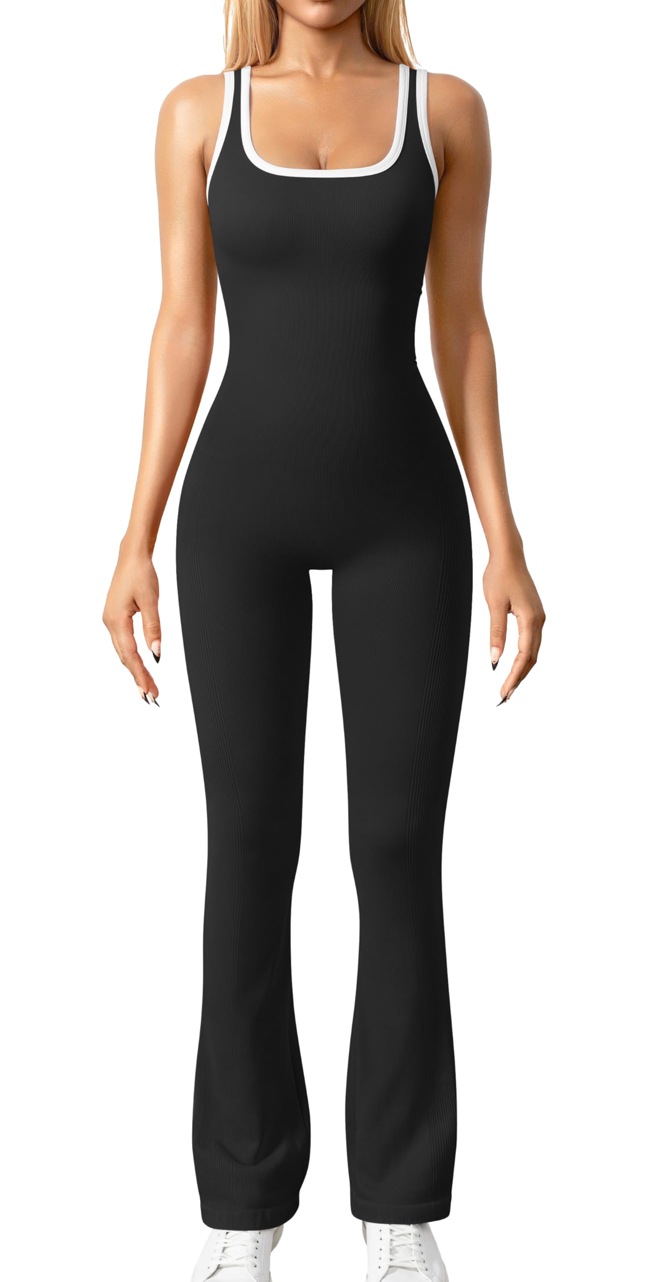 Photo 1 of (large)  Women Jumpsuits Sleeveless Square Neck Stretch Contrast Workout Active Flared Bottoms Tank Jumpsuit Black