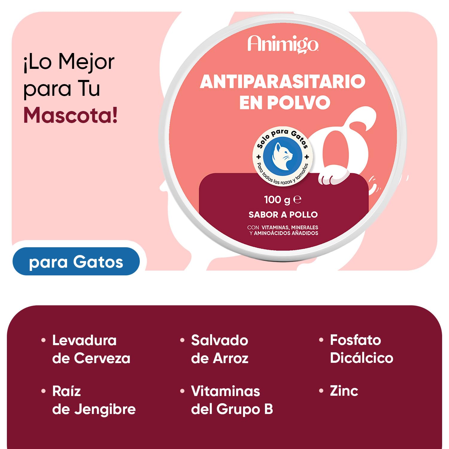 animigo Antiparasitario en Polvo para Gatos 100g Sabor Pollo - Protección Natural Antipulgas y Antigarrapatas Muy Fácil de Suministrar Formulado con Ingredientes Naturales, Vitaminas Grupo B y Zinc