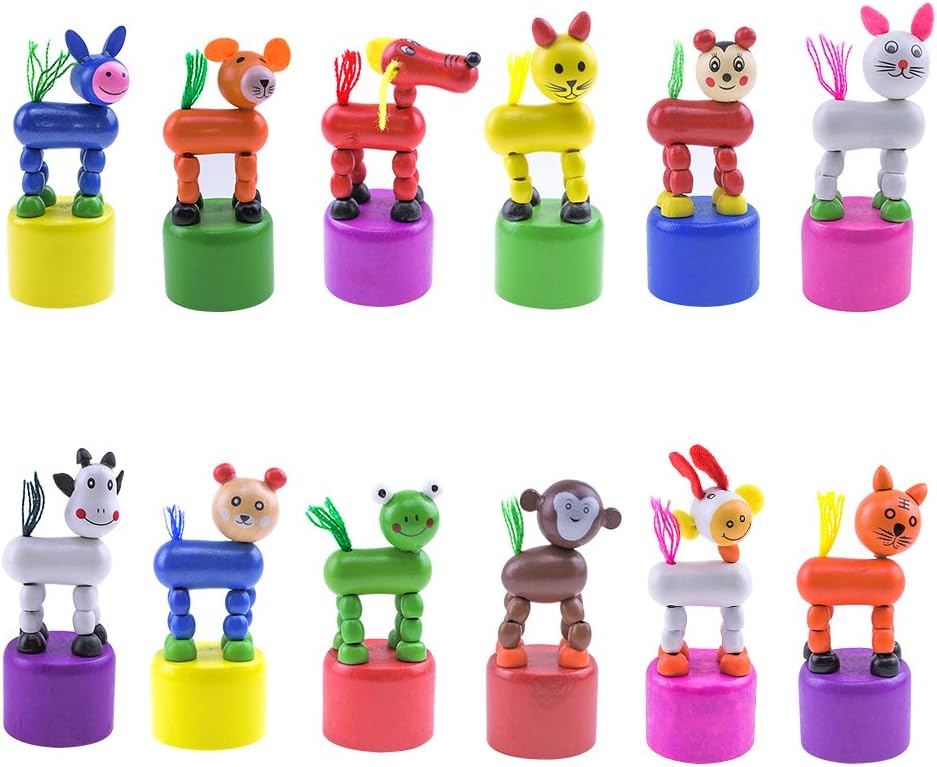 HSOMiD Kids Animal Push Up Press Base Toy,Chinese Traditional Thumb Puppet,Rocking Wooden Toy,Pack of 12