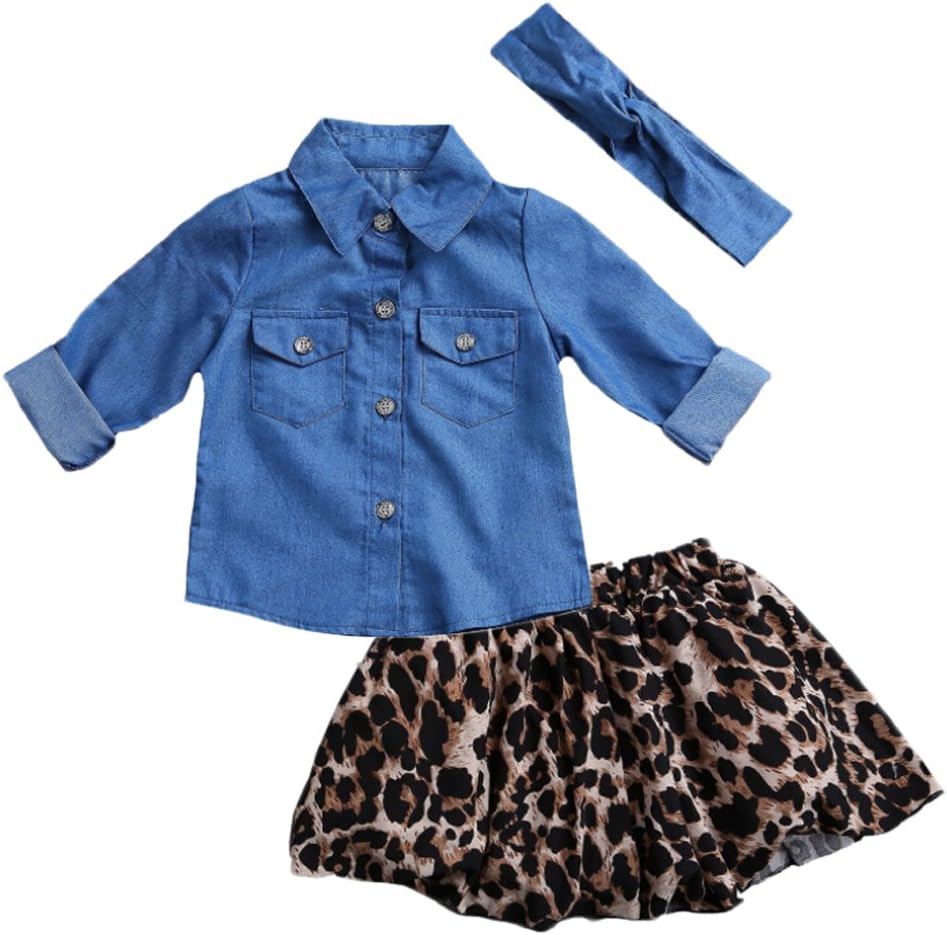 Family Matching Mother Daughter Denim Long Sleeve Shirt and Leopard Skirt Outfit Set