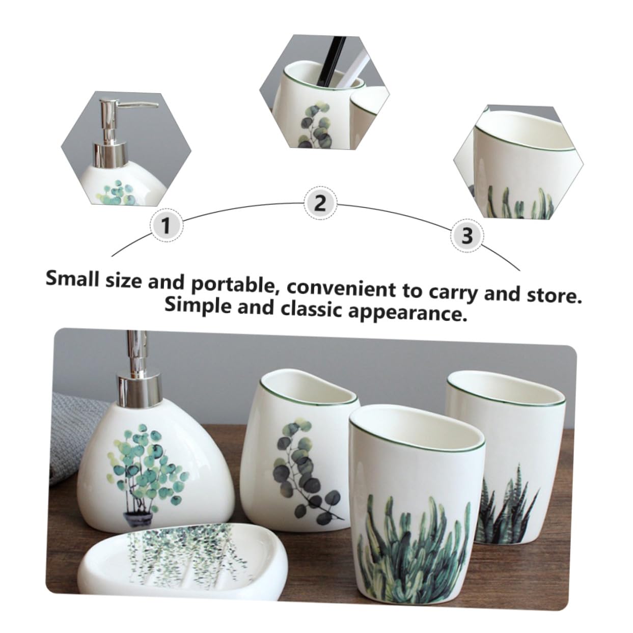 NUOBESTY Set Di 5 Accessori Bagno in Ceramica, Tazza Per Lavarsi i Denti e Portasapone, Contenitore Per Spazzolino Compatto, Superficie Liscia Facile Da Pulire, Per Organizzazione Bagno Quotidiana
