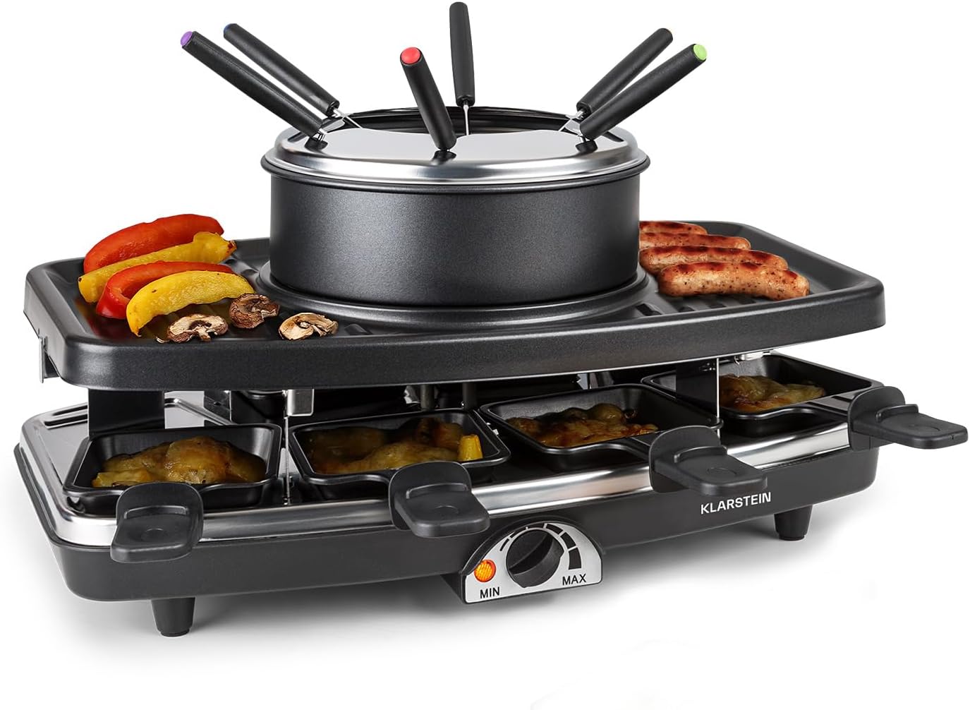 Klarstein Entrecote Raclette - fondue, grill stołowy, 1100 W, 8 patelni, powłoka nieprzywierająca, garnek i 6 widelców do fondue, płyta z kamienia naturalnego, niskotłuszczowy, czarno-srebrny