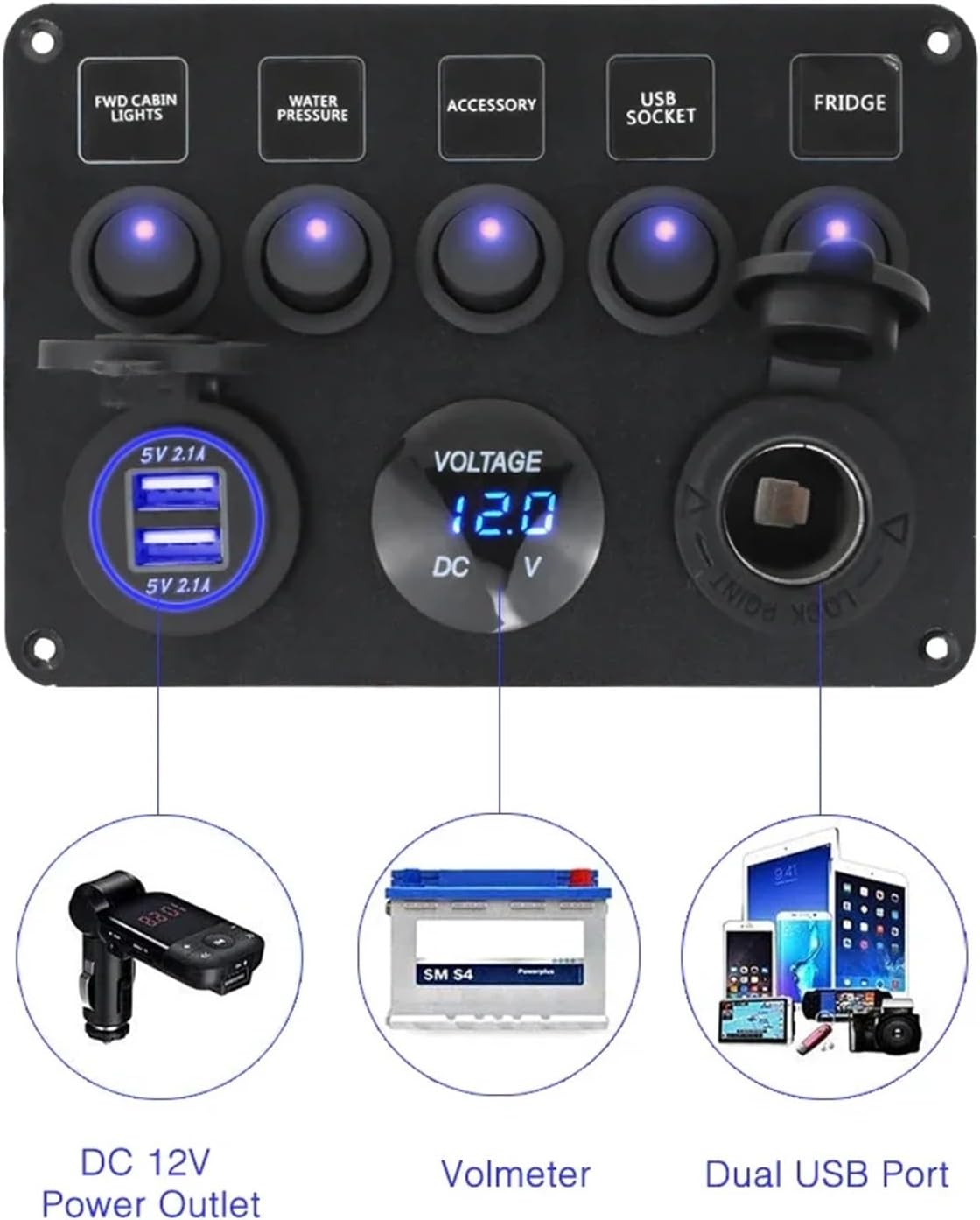 Car Switch Boat Switch Panel Car Switch Panel Waterproof Digital Voltmeter Dual USB Port 12V Outlet Combination Marine LED Rocker 5 Gang Car Replacement(Blue)
