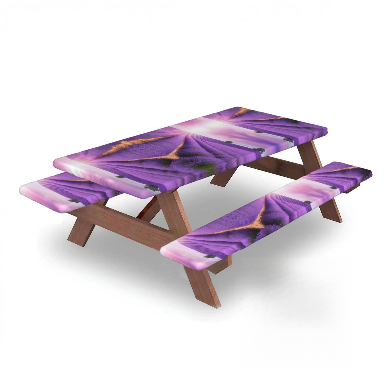 ESNAIUVCD Romantic Purple Lavender Print Picnic Table Cover With Bench Covers,Camping Essentials,Fitted Tablecloth Cover With Elastic Edge, For Indoor & Outdoor 3 Pcs