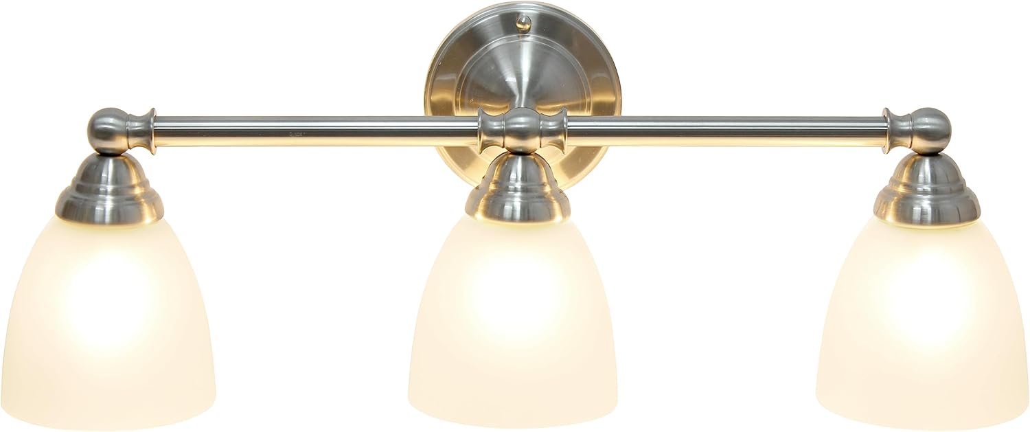 Simple Designs VT1025-BSN 25" Classic 3 Light Metal Bar and Frosted Cone Shape Glass Shades Decorative Wall Mounted Vanity, Brushed Nickel