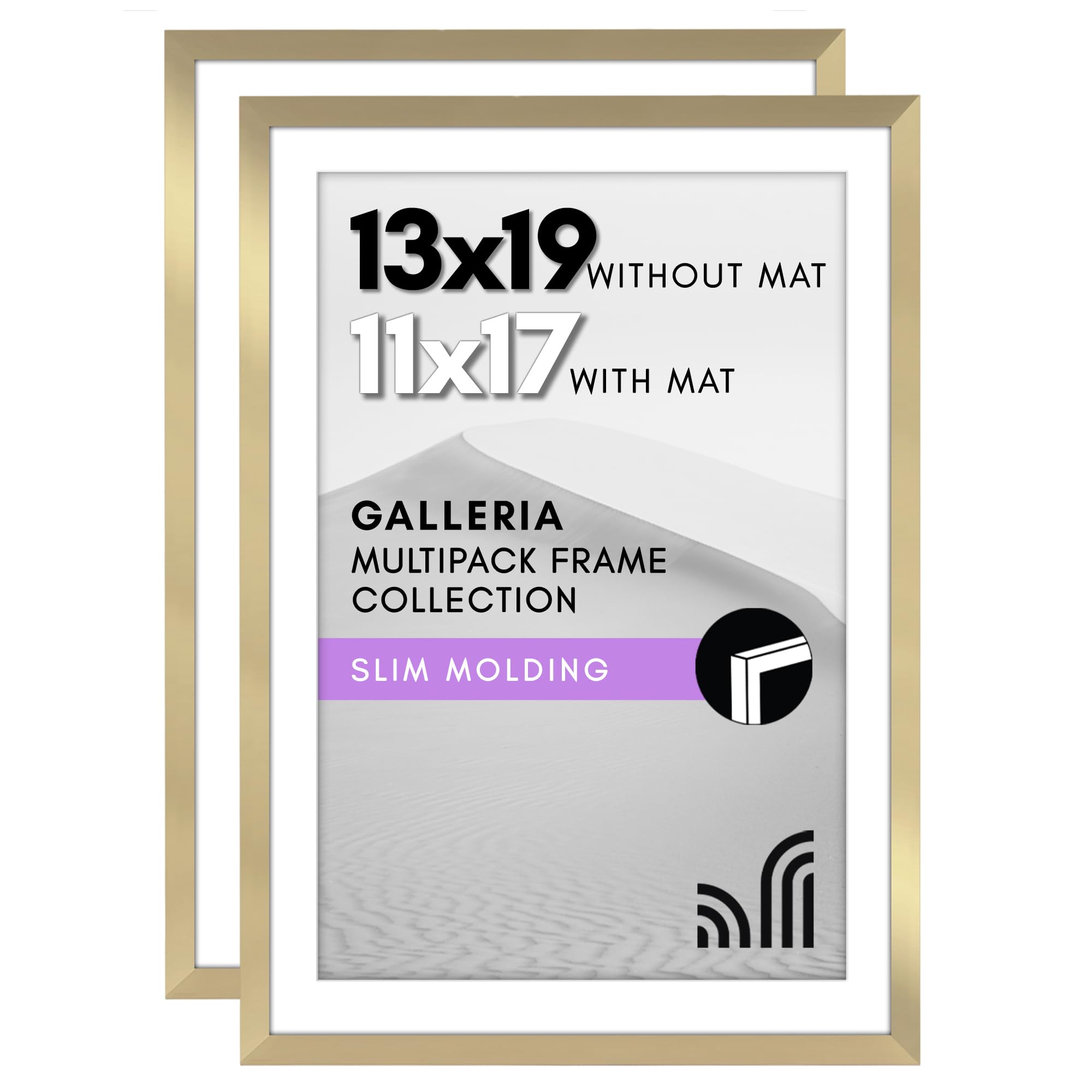 Americanflat 13x19 Picture Frame with Polished Plexiglass - Set of 2 - Use as 11x17 Frame with Mat or 13x19 Frame Without Mat - Galleria Collection - Gallery Wall Frame Set for Wall Display - Gold