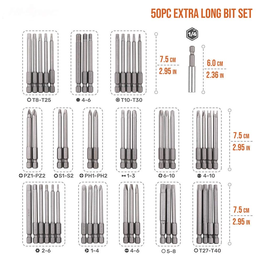 Juego de Brocas Hi-Spec 50pc 75mm Juego de Destornilladores Extra Largos Hex Torx Security Juego de Puntas de Destornillador largas Juego de Puntas de Destornillador de trinquete Juego