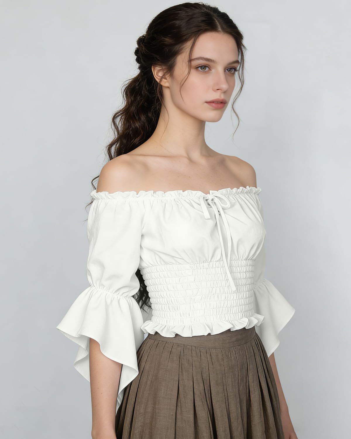 L'VOW Women's Renaissance Peasant Blouse Victorian Ruffle Top Off Shoulder Trumpet Sleeve Top