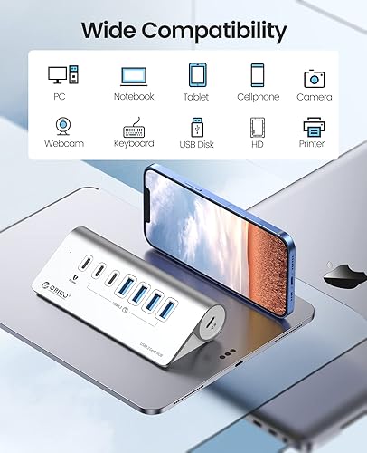 Miniatura 5 de ORICO 7 Port USB Hub 10Gbps, Aluminum USB 3.2 Gen 2 Hub, 6 USB 3.2 Data Ports, PD 60W Ports, 1.64Ft C to C Cable, USB Data Hub for Laptop