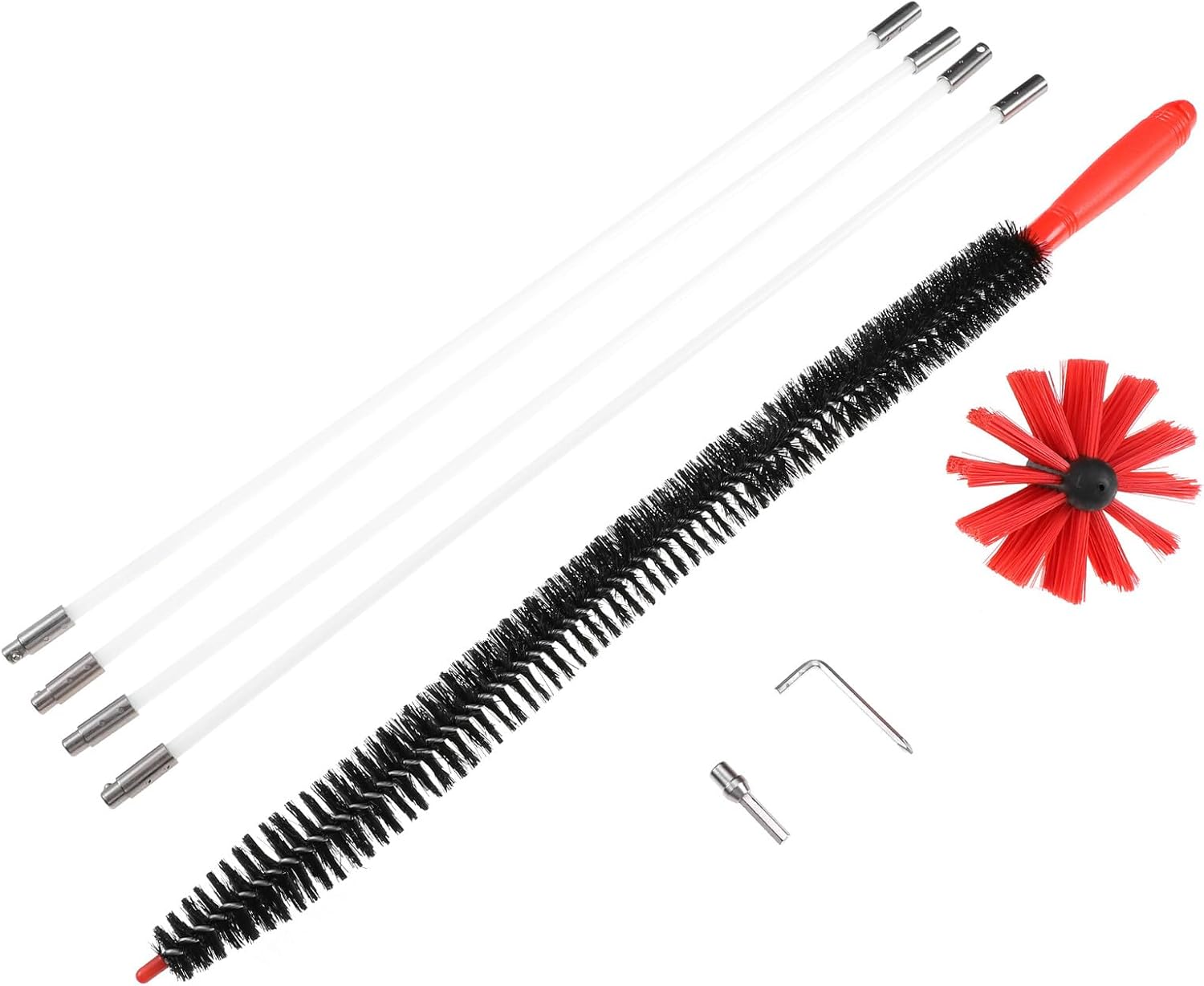 Fireplace Chimney Brush Cleaning Kit with 4 Flexible Nylon Rods and Red Brush Head, Dryer Vent Lint Sweeping Tool for Home Vent and Stove Pipe Maintenance