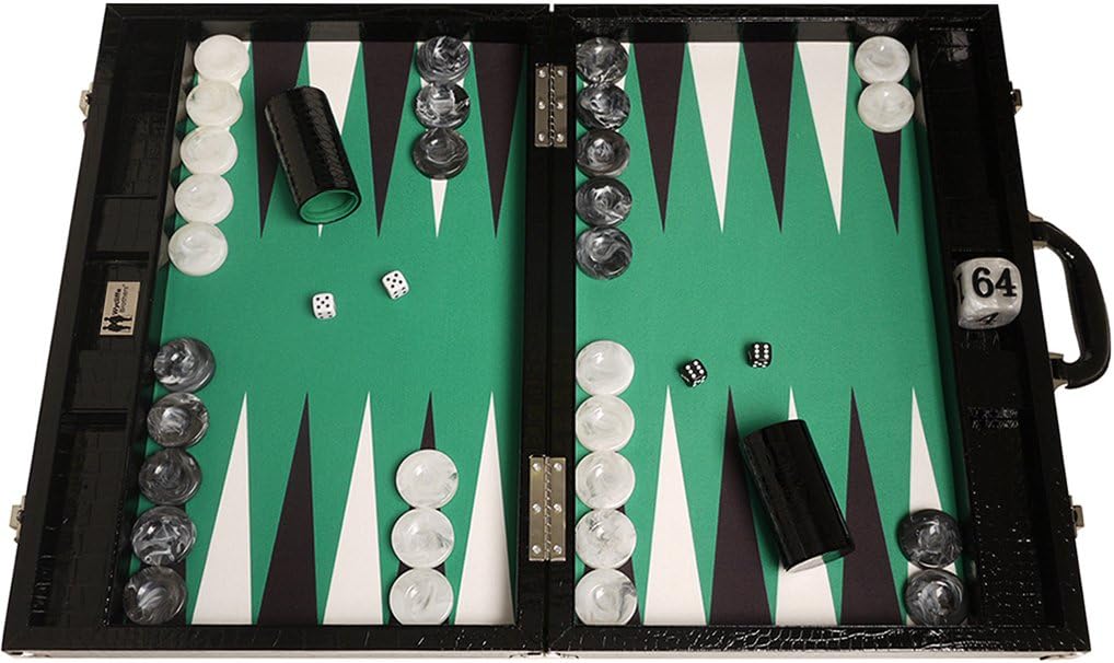 21" Tournament Backgammon Set - Black Croco Board with Green Field - Gen III