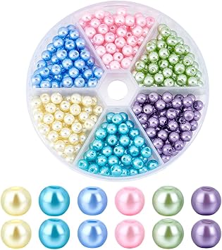 PH PandaHall 300pcs Pearl Beads 6mm Round Glass Pearl Beads, 6 Colors Baking Painted Round Spacer Beads Loose Pearls for Bracelet Necklace Earrings Jewelry Making DIY Crafts Supplies